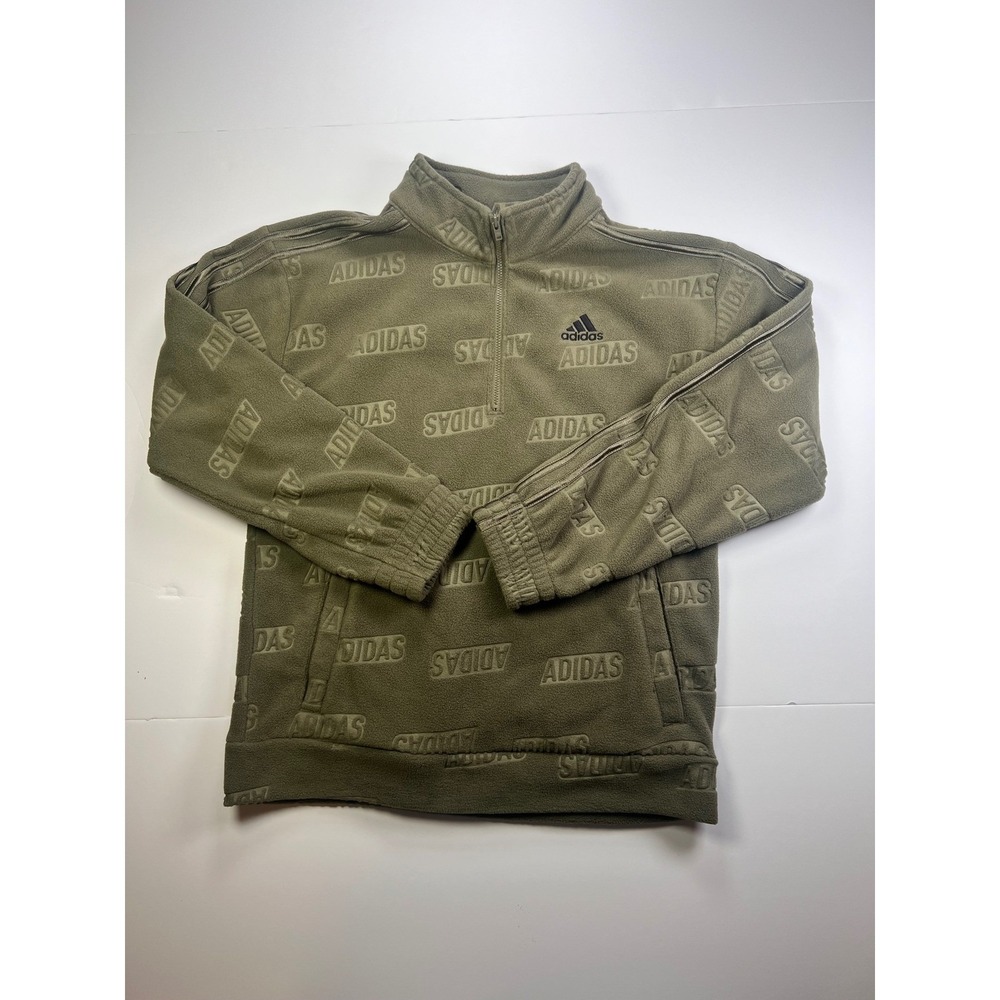 Adidas Fleece Quarter Zip Pullover Mens Medium Olive Green Embossed Logo Pattern